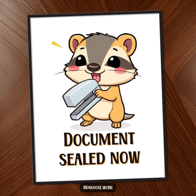 Funny mongoose dramatically slamming a stapler shut with flourish on a poster, adding dramatic comedic art to a space.