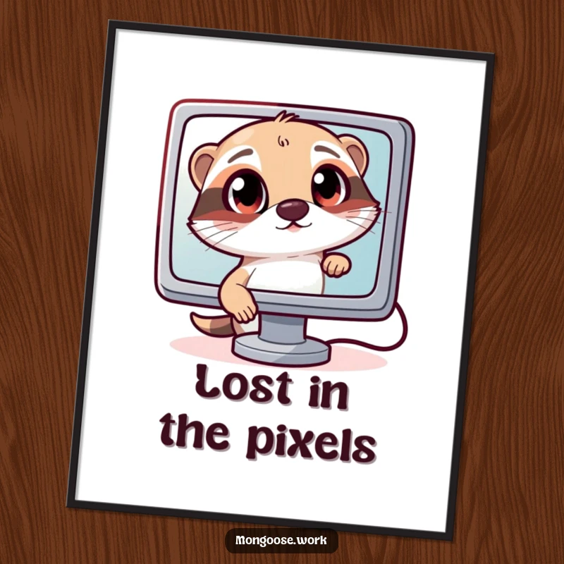 Funny Curious Mongoose Poster: A wide-eyed mongoose intently gazing at a computer monitor, symbolizing curiosity and technology, a funny art gift.