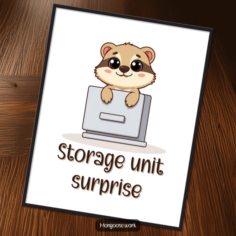 Funny poster art of a cute mongoose popping out of a filing cabinet with wide eyes, bringing surprise and office humor indoors.