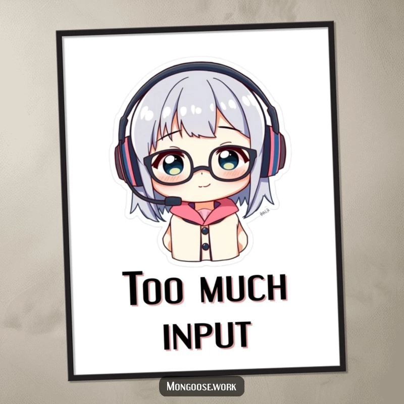 Funny Poster: Character comically balancing a headset and glasses, illustrating a universally funny tech struggle.