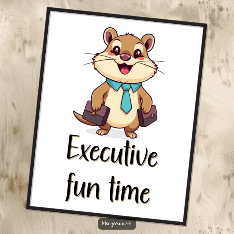 Funny mongoose in a tie holding a briefcase, presented as a cute funny poster.