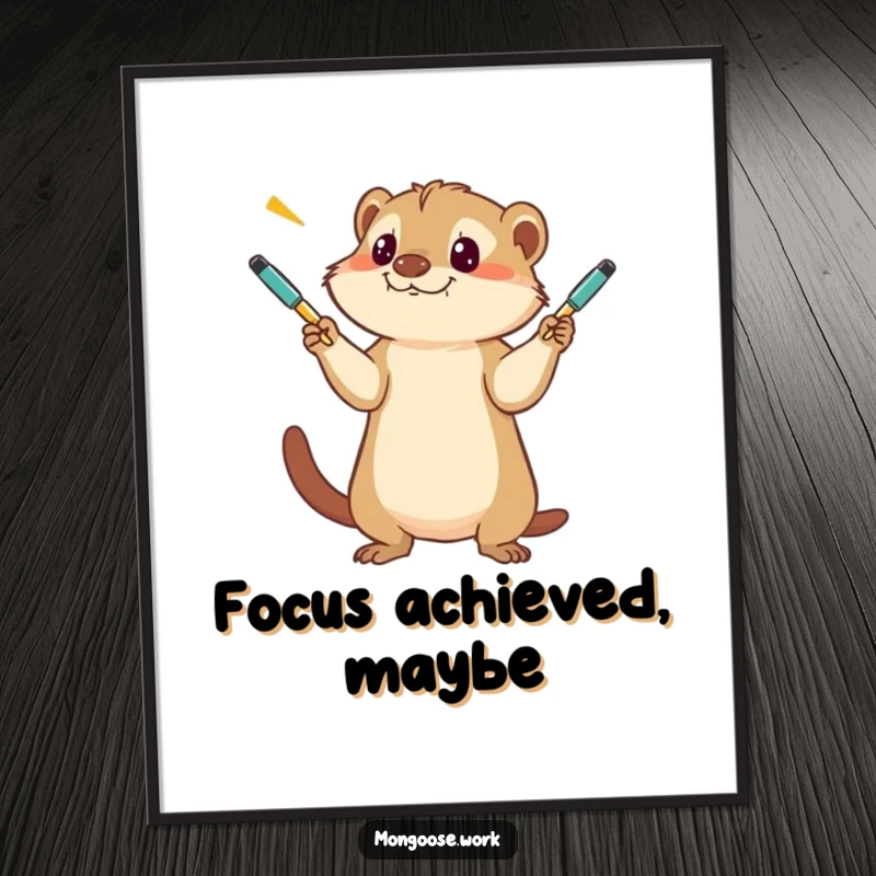 Funny Mongoose Poster, a vibrant depiction of a mongoose intensely focused on juggling numerous pens with surprising skill.