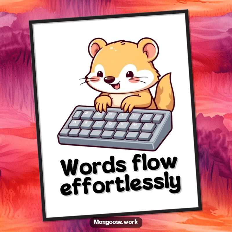 Funny mongoose poster, a cute mongoose typing on a large keyboard, ideal for tech-themed wall art and humorous decor.