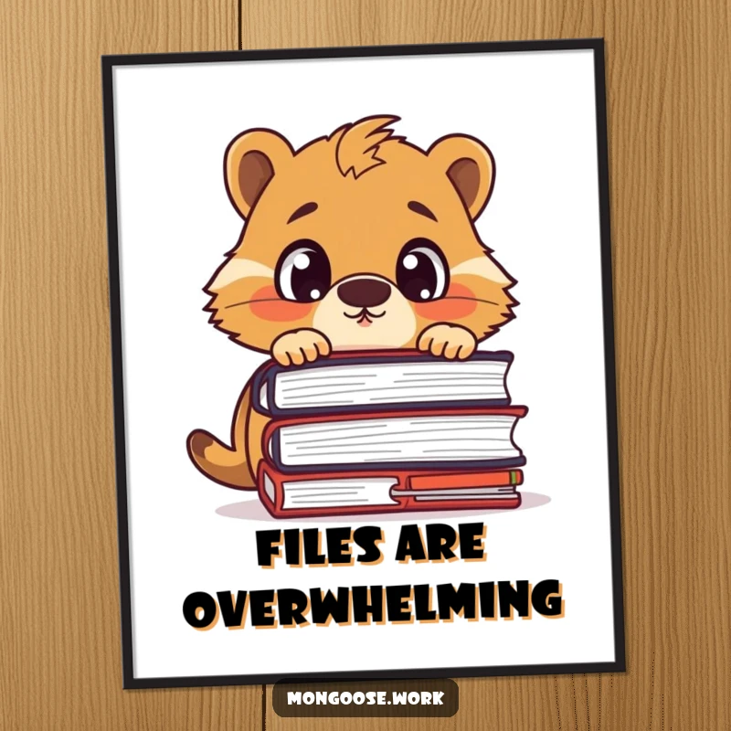 Funny poster showing a surprised mongoose character peeking over a large stack of files, symbolizing work stress and humor.