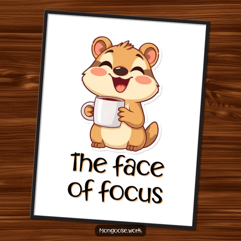 Funny Mongoose Poster: A happy mongoose character joyfully holding a coffee mug, spreading smiles on your wall.