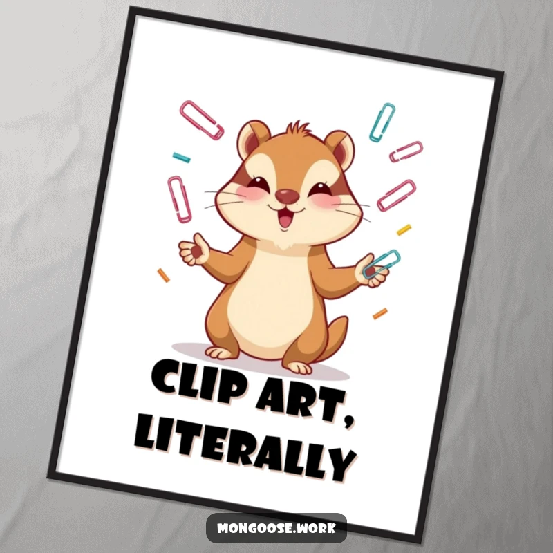 Funny Mongoose Poster: An intensely focused mongoose juggling paper clips, ideal for humorous wall art and a unique funny gift.