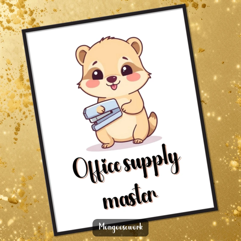 Funny poster print of a cute mongoose happily stapling a sheet of paper, perfect for inspiring office productivity.