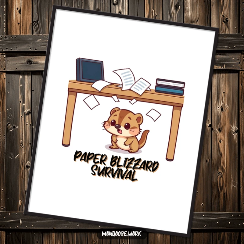 Funny startled mongoose poster, character ducking under a desk, papers flying, humorous wall art.