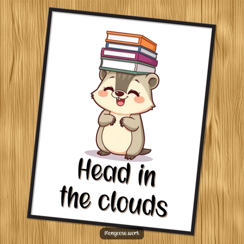 Funny Kawaii mongoose poster art, showing a giggling mongoose balancing a large stack of files on its head, adding organized humor.