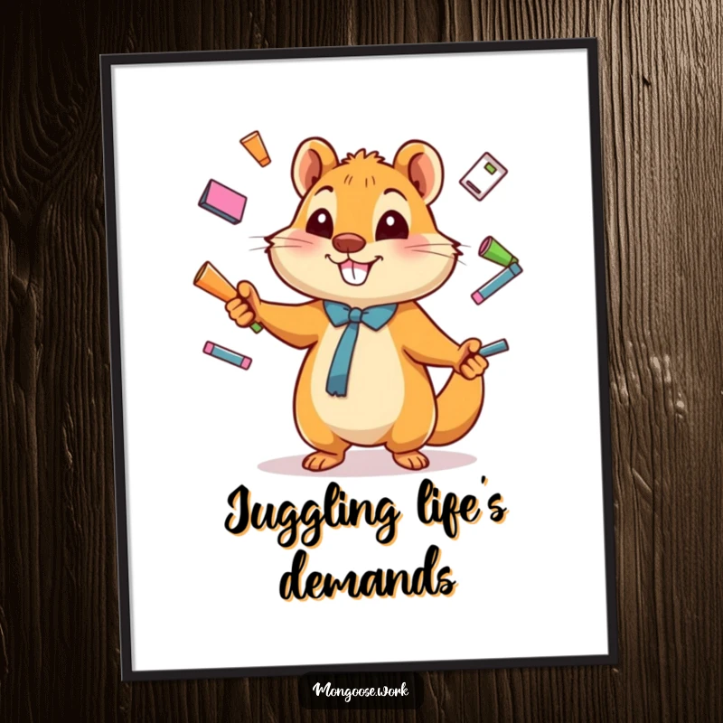 Funny Poster of a happy cartoon mongoose expertly juggling office supplies like pens and paperclips, adding dynamic humor to decor.
