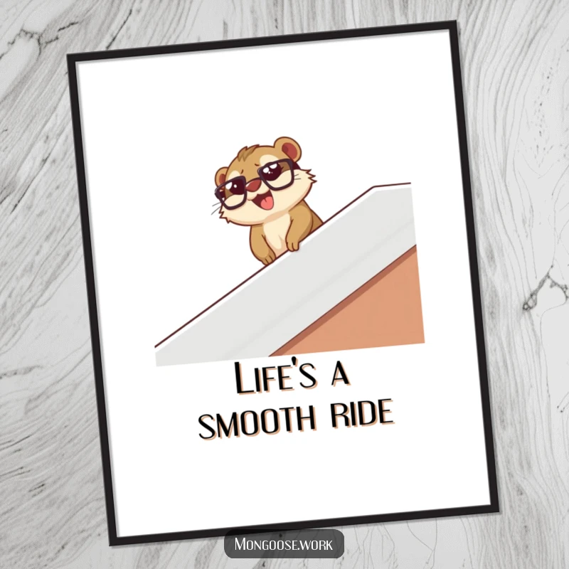Funny mongoose wearing glasses slides down a desk banister with glee, as joyful wall art on a poster.