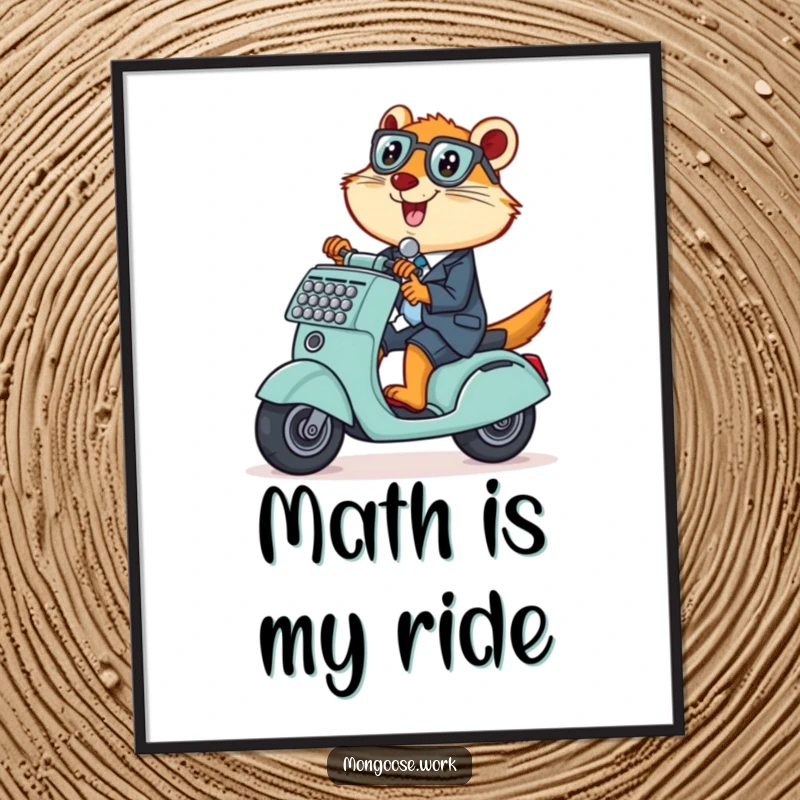 Funny Mongoose Poster, a mischievous office worker riding an adding machine as a scooter, bringing playful energy to decor.