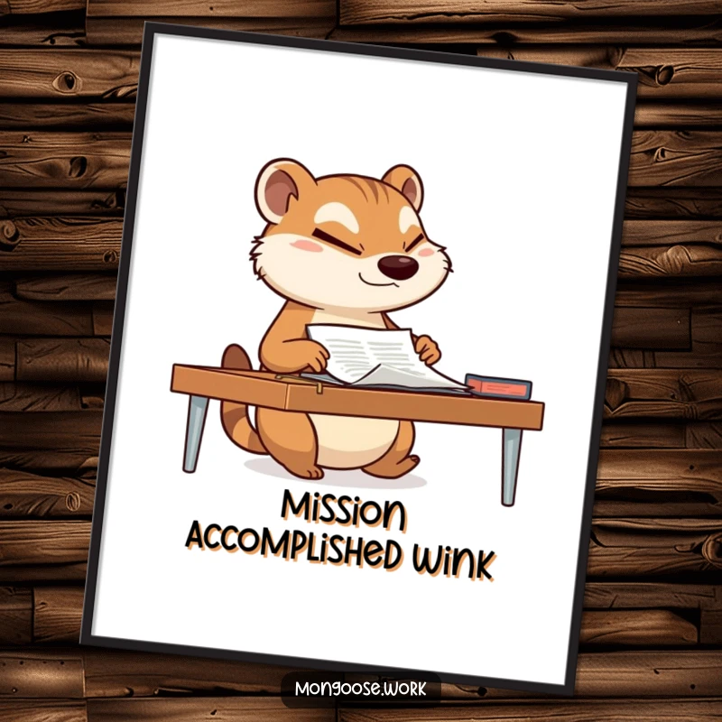 Funny mongoose sliding a document across a desk with a determined wink on a poster, adding suave comedic art to a space.