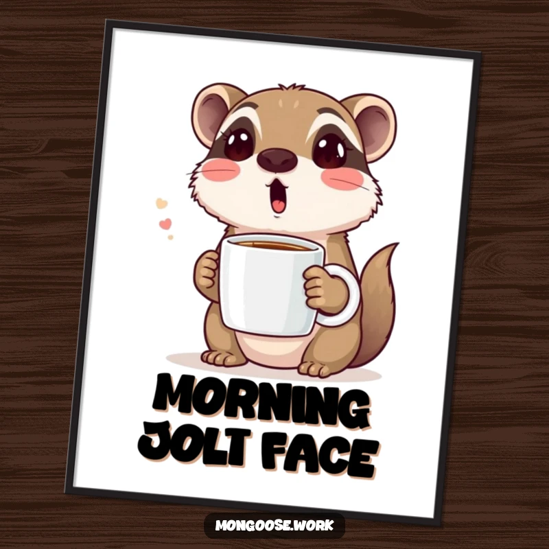 Funny poster art of a cute mongoose with a surprised expression, holding a coffee mug, perfect for adding humorous morning wall decor.