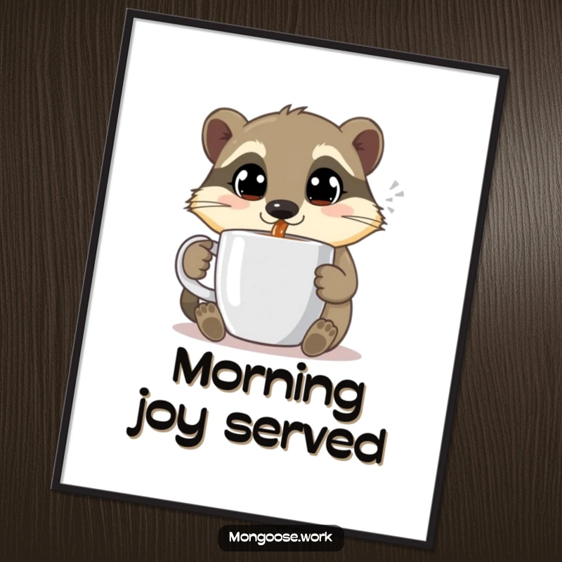 Funny Mongoose poster, sipping coffee with happy eyes, cute animal art, morning decor, excellent funny gift.