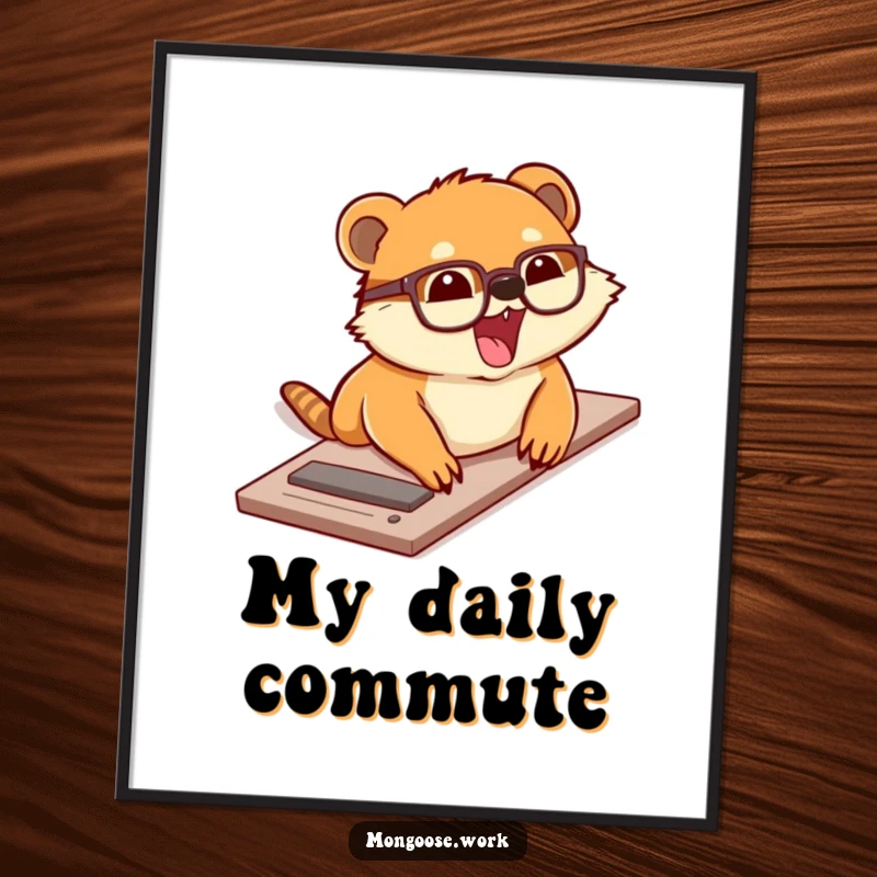 Funny poster art of a cute mongoose wearing glasses sliding down a desk with excitement, bringing playful energy and humor indoors.
