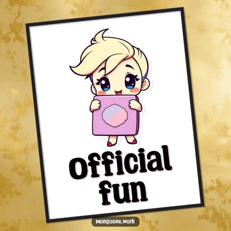 Funny Poster: Character winking while holding a massive, colorful rubber stamp, adding a humorous seal of approval.