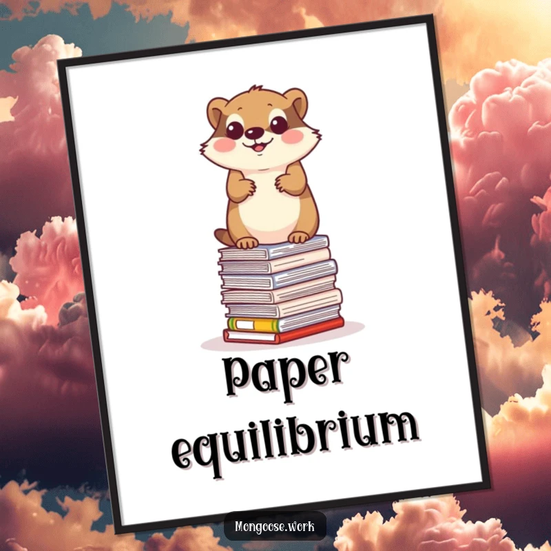 Funny mongoose poster, a determined mongoose balancing on a stack of office papers, office acrobatic humor.