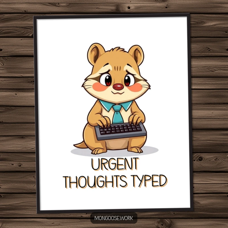Funny surprised mongoose wearing a tie, frantically typing on a tiny keyboard, framed as wall art.