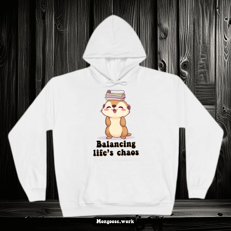 Funny Hoodie: a cute mongoose joyfully balancing a tall stack of papers on its nose, designed for warmth and humor.