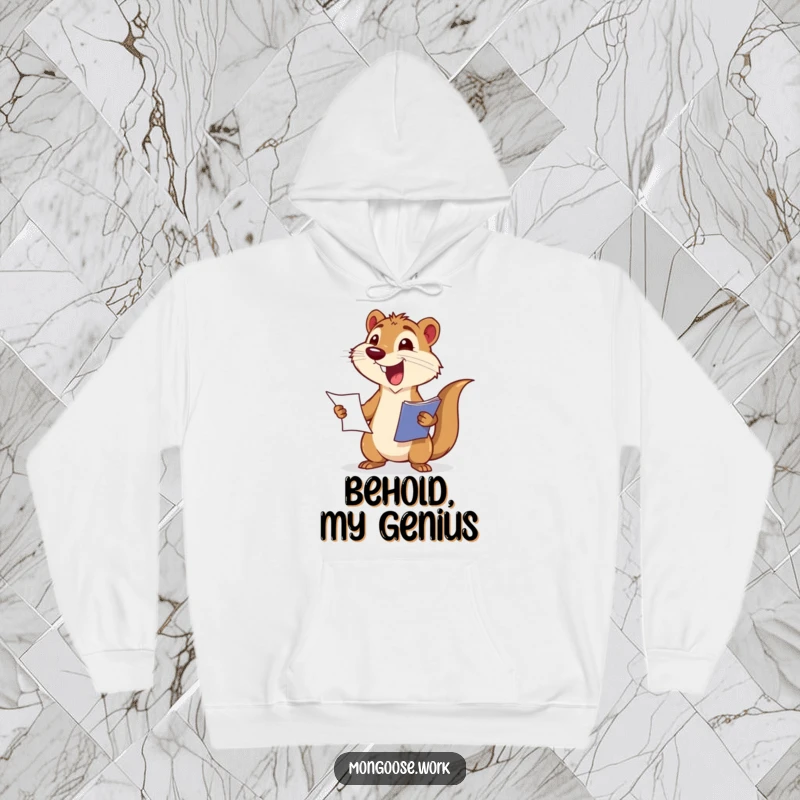 Funny hoodie featuring a happy mongoose wagging its tail while presenting a report. Celebratory comfort.