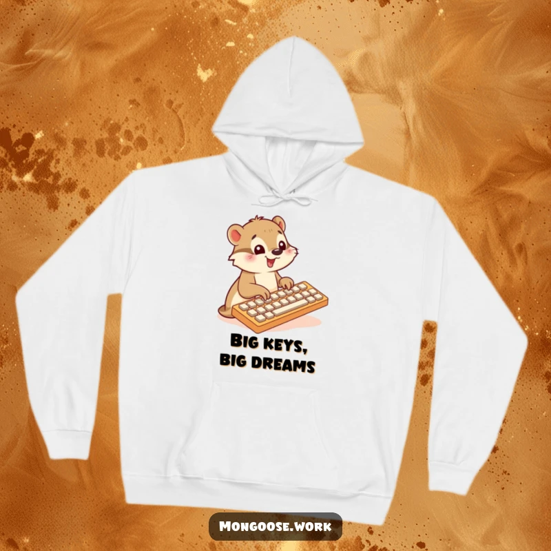 Funny Mongoose hoodie, typing on large keyboard, cute tech apparel, programmer gift, fantastic funny gift.
