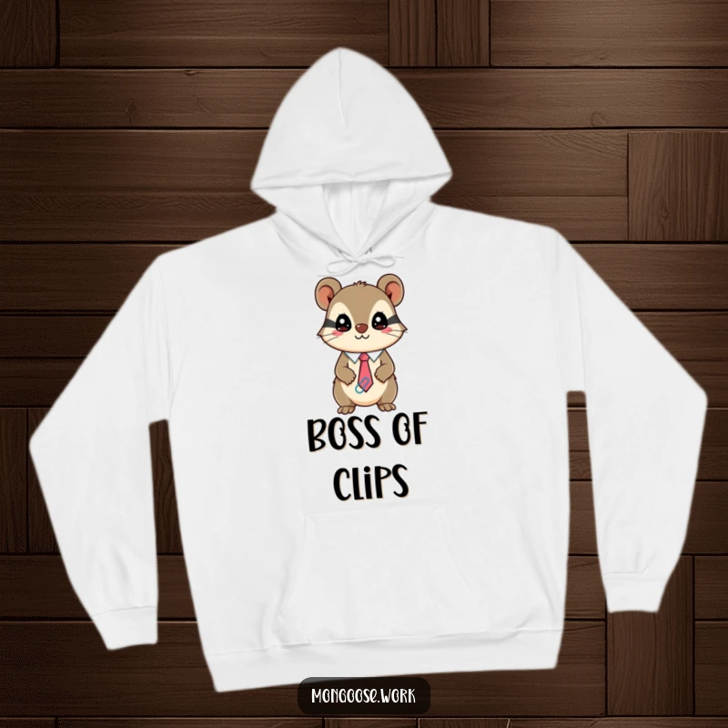 Funny Kawaii mongoose hoodie depicting a mischievous character wearing a tie made of paperclips, cozy and stylish.