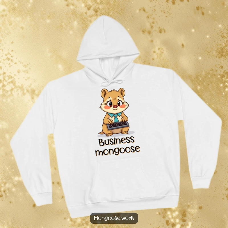 Funny surprised mongoose wearing a tie, frantically typing on a tiny keyboard, on a cozy hoodie.