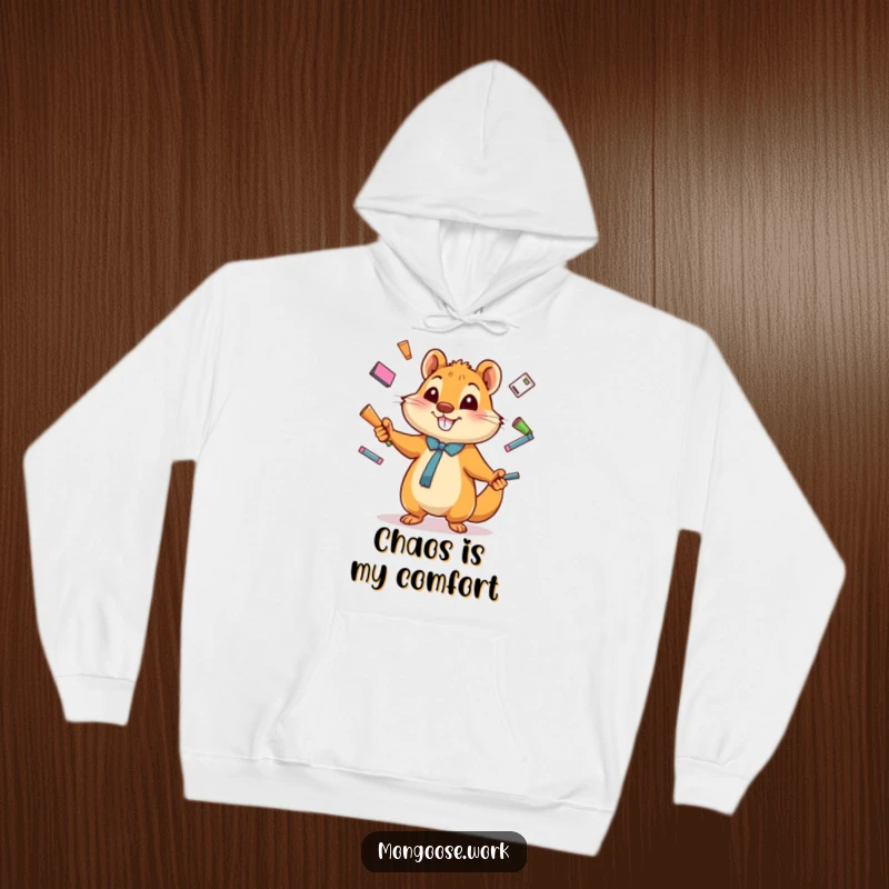 Funny Hoodie featuring a happy cartoon mongoose juggling office supplies, perfect for staying warm while embracing productive chaos.
