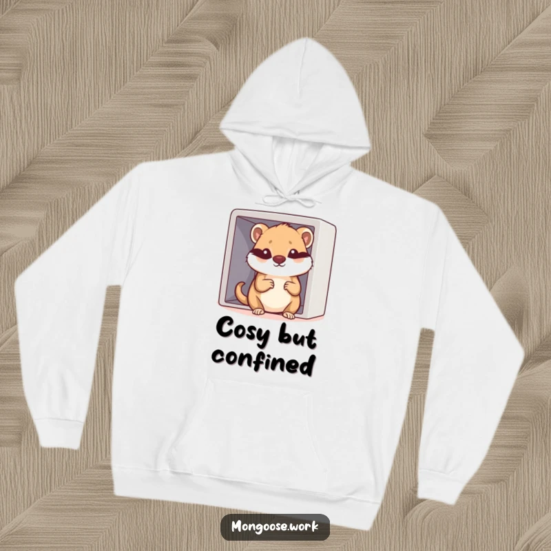 Funny Kawaii mongoose character struggling to fit into a tiny cubicle, featured on a warm hoodie, a funny gift for office dwellers.