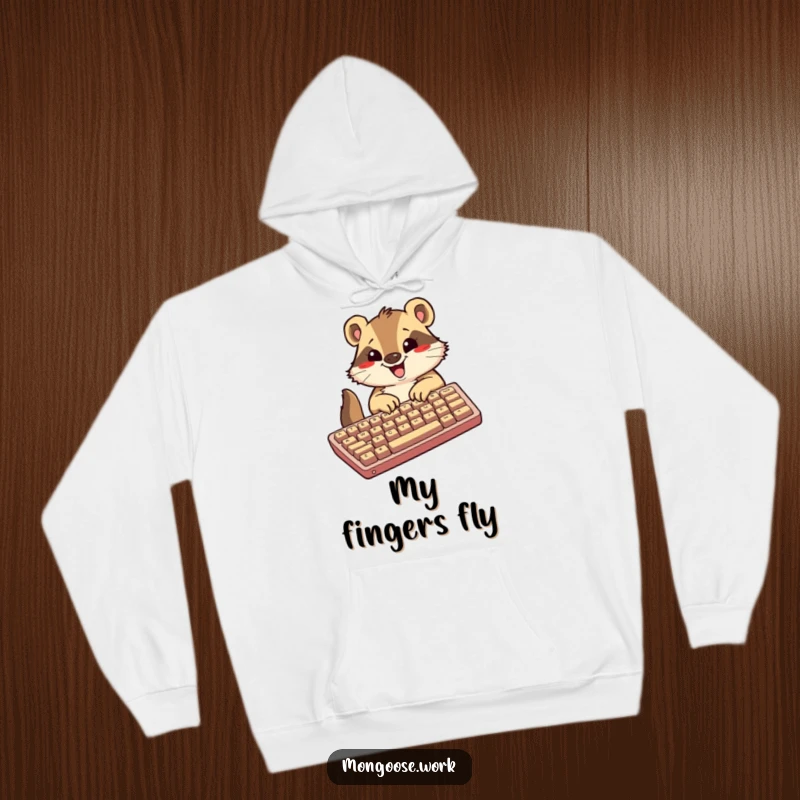 Funny Kawaii mongoose hoodie, showing an excited mongoose typing diligently on an oversized keyboard, perfect for cozy, productive wear.