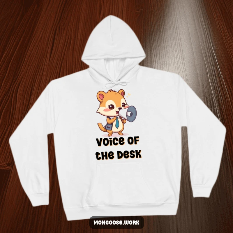 Funny Mongoose Hoodie, focused on using a rolled-up document as a megaphone, symbolizing communication and office power.