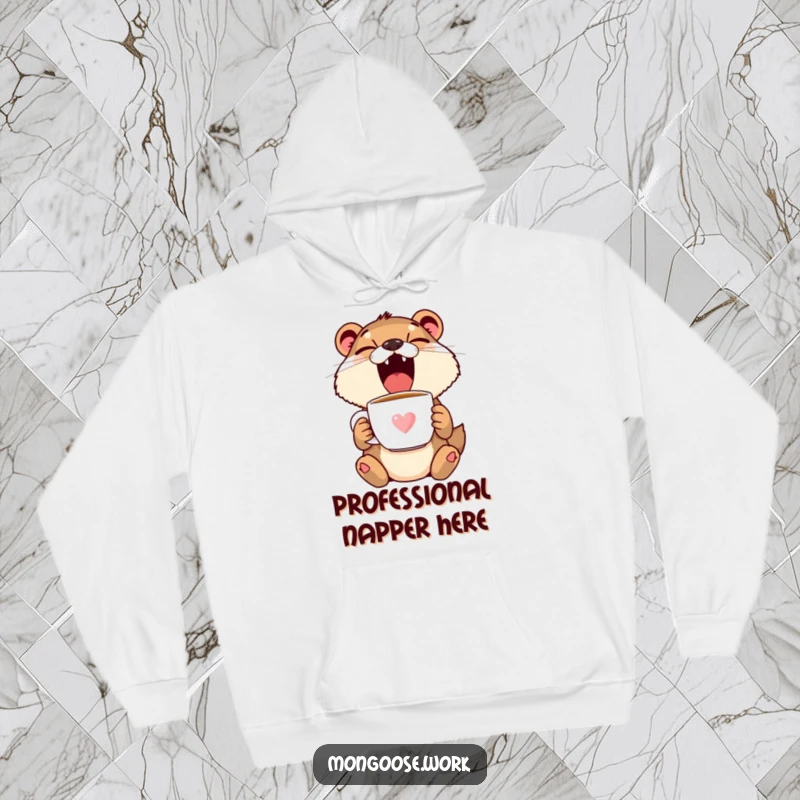 Funny Mongoose Yawning with Coffee Mug Hoodie - Adorable animal expressing sleepy vibes, comfortable funny gift.