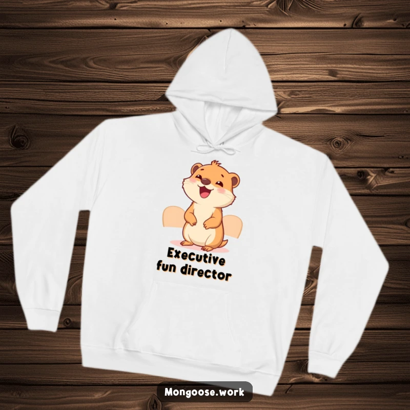 Funny Mongoose Meeting Hoodie: A charming mongoose enthusiastically participates in a minuscule business conference, radiating office joy and warmth.