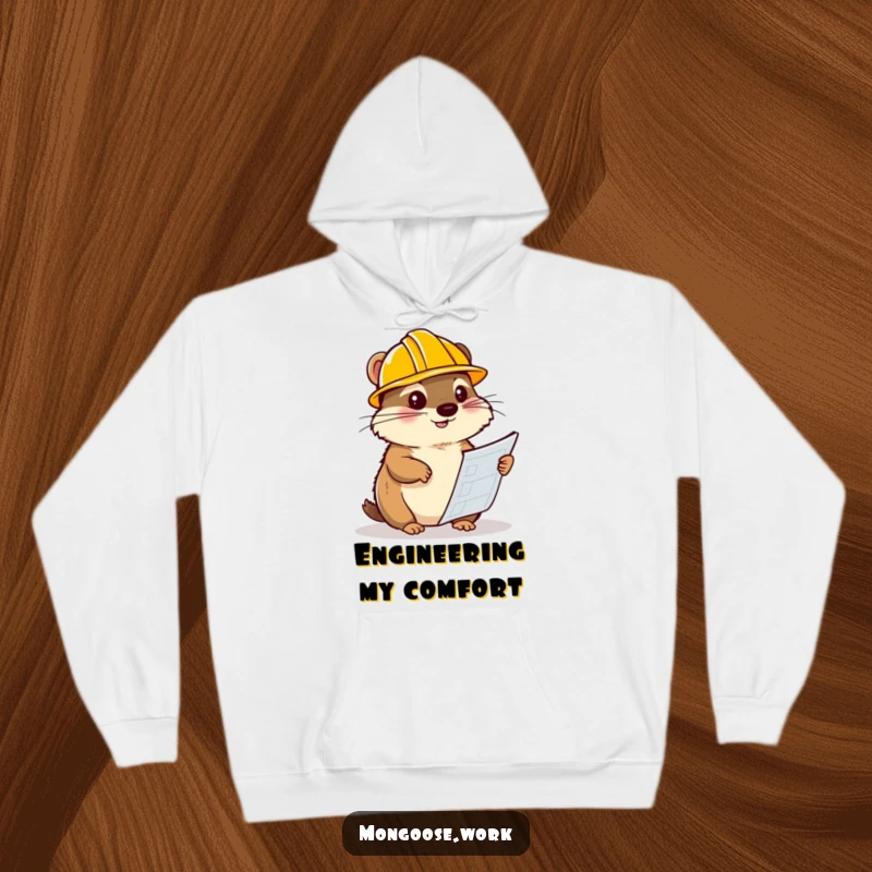 Funny mongoose hoodie, wearing a hard hat and poring over blueprints, offering cozy focus and engineering humor.