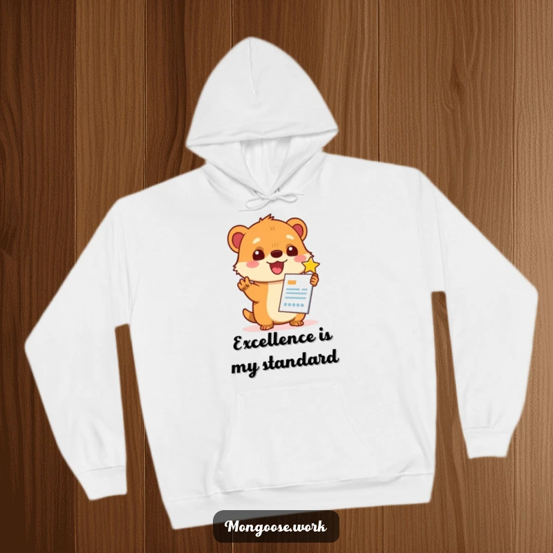 Funny Kawaii mongoose giving a report a high star rating, featured on a warm hoodie, a funny gift for reviewers.