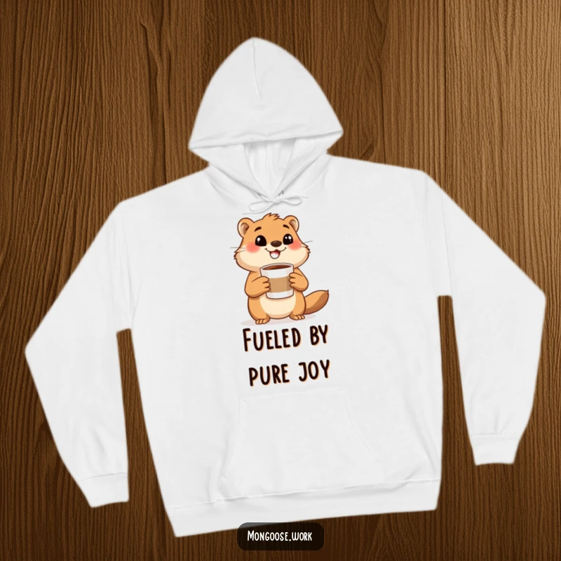 Funny mongoose hoodie, a happy mongoose holding a coffee cup and gesturing excitedly, designed for energetic coffee lovers.