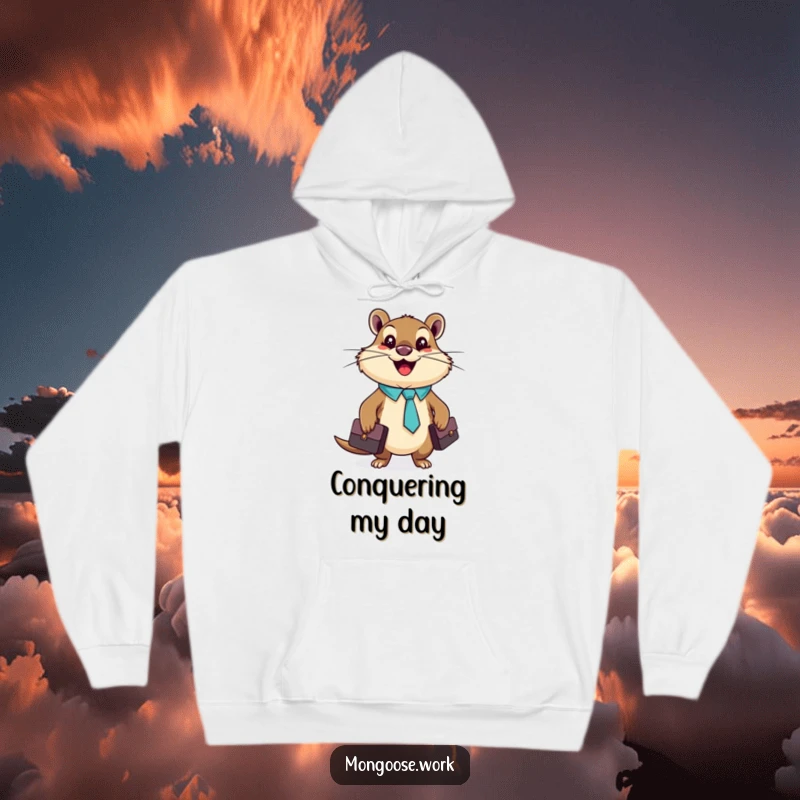 Funny, happy mongoose wearing a tiny tie and holding a briefcase, depicted on a hoodie.