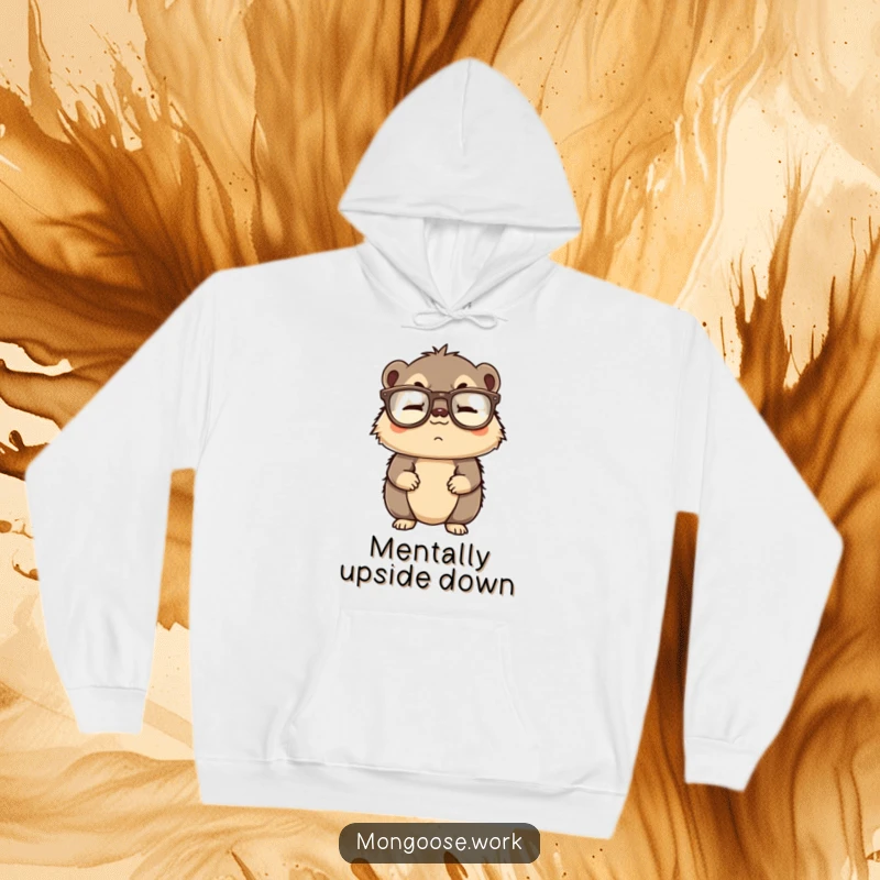 Funny hoodie featuring a confused mongoose accessory wearing reading glasses put on upside down, ideal for chilly days.