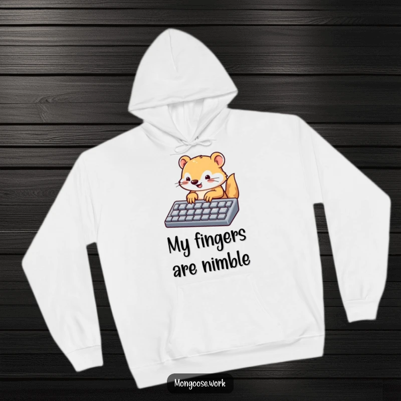 Funny mongoose hoodie, a cute mongoose typing quickly on a large-keyed keyboard, designed for tech enthusiasts and animal lovers.