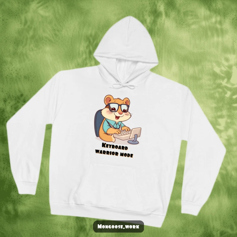 Funny hoodie depicting a giddy mongoose office worker engrossed in typing on a tiny keyboard, exuding cheerful productivity and a touch of madness.