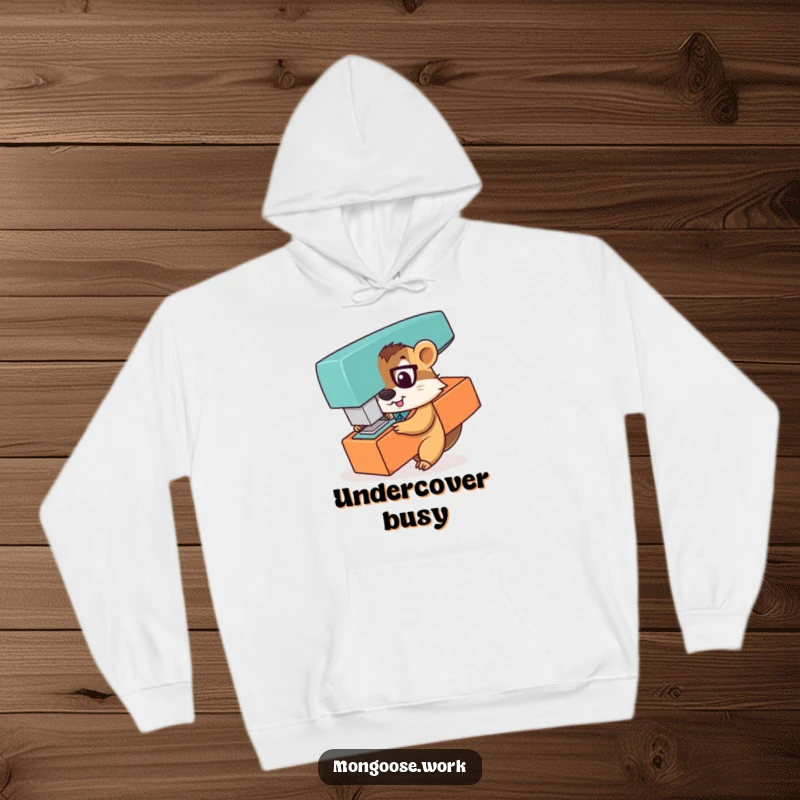 Funny hoodie depicting a playful mongoose office worker peeking from behind a giant stapler, embodying a sense of hidden fun and surprise.