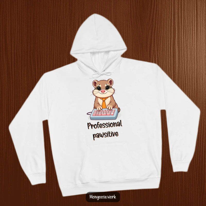 Funny hoodie featuring a dapper mongoose in a tie comically typing on a tiny keyboard with multiple paws, great for cozy work sessions.