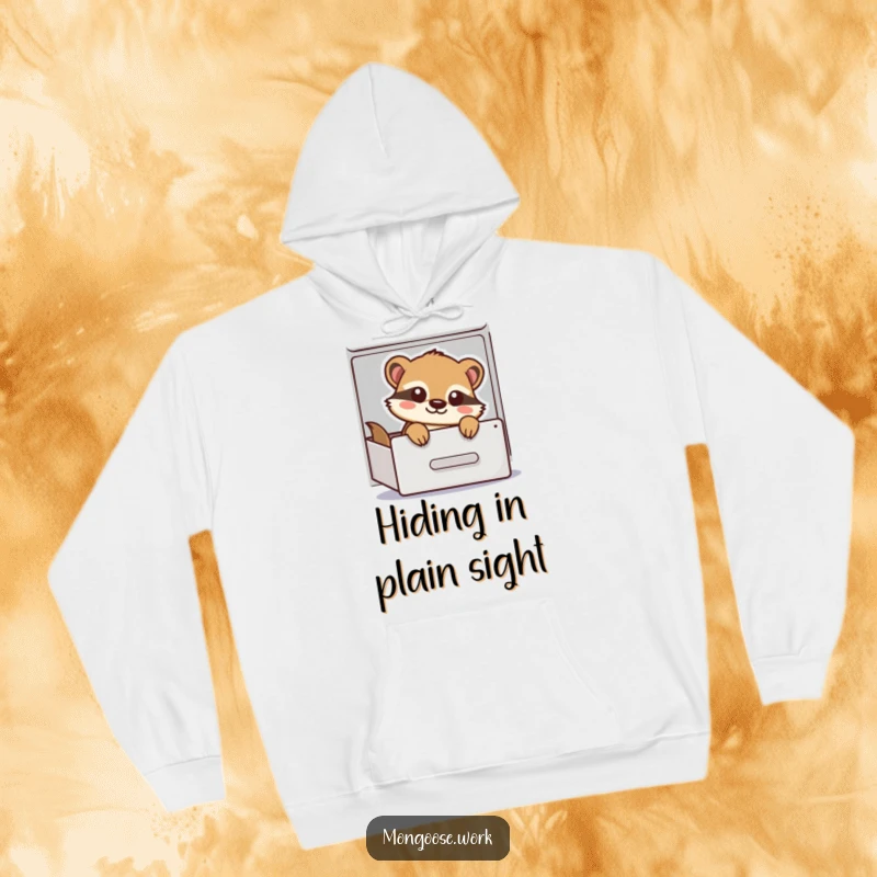 Funny Hoodie featuring a playful cartoon mongoose peeking out from a filing cabinet drawer, adding a touch of office fun and warmth.