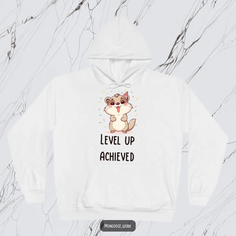 Funny Mongoose Hoodie: A mongoose celebrating a promotion amidst falling confetti, offering cozy celebration and a funny gift.