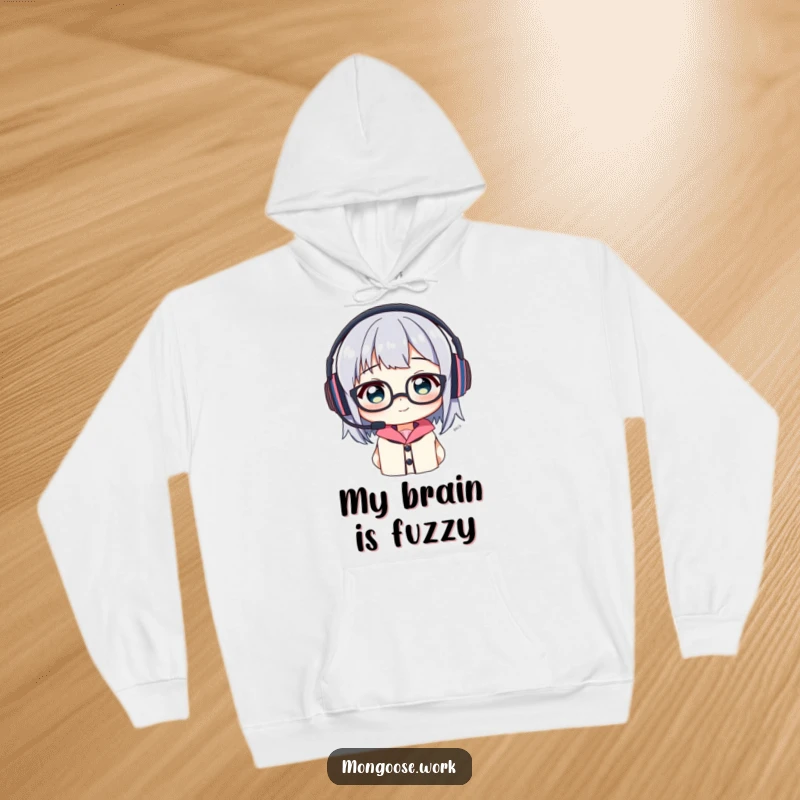 Funny Hoodie: Character comically trying to don headset and glasses, a humorous take on tech struggles.