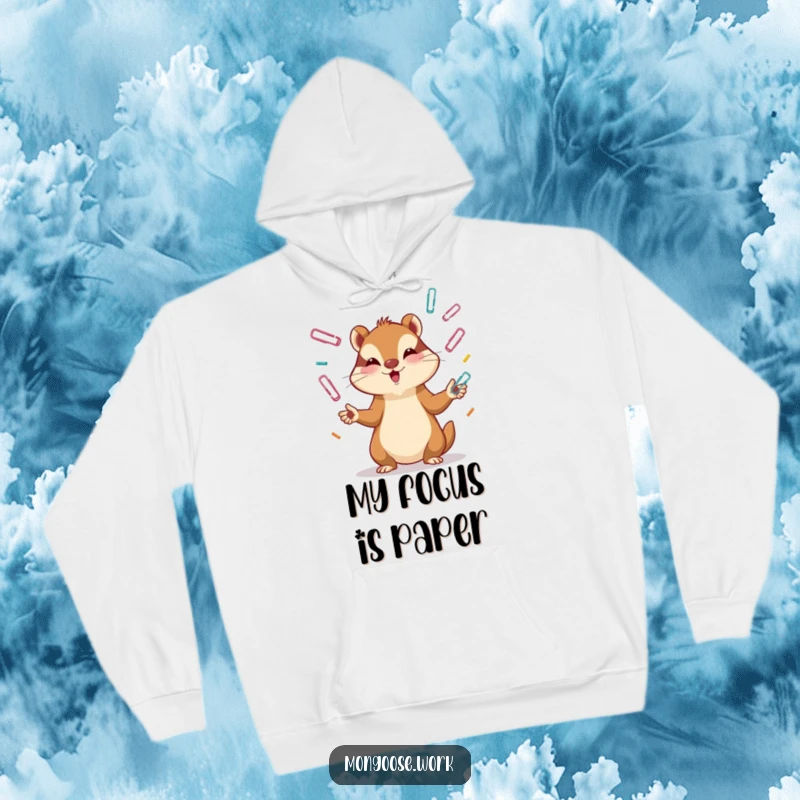 Funny Mongoose Hoodie: A mongoose intensely juggling paper clips, symbolizing focus and skill, providing warm humor and a funny gift.