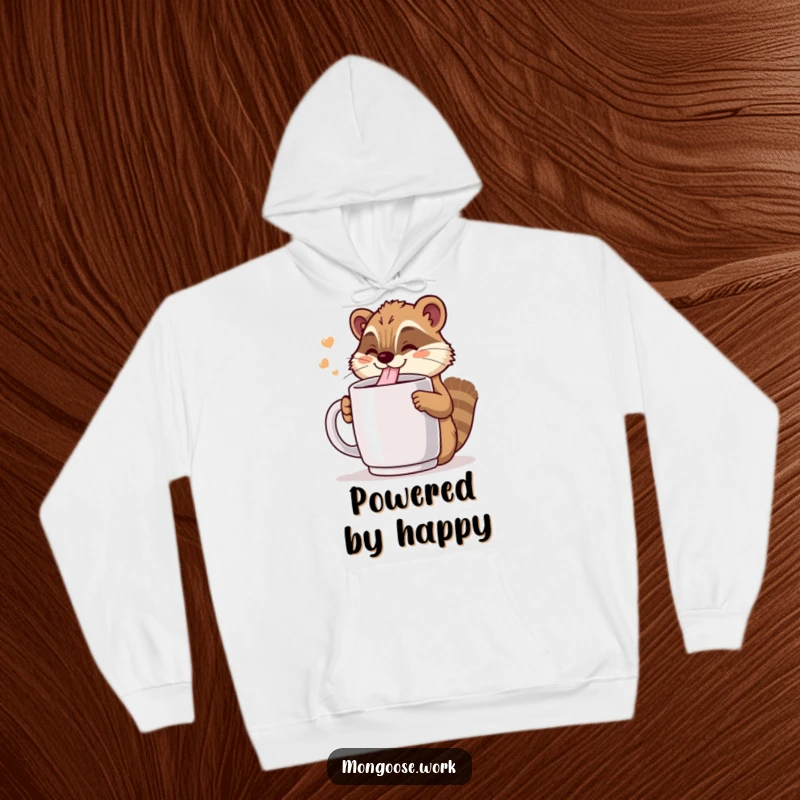 Funny Kawaii mongoose enjoying a giant coffee mug, featured on a warm hoodie, a funny gift for cozy caffeine moments.