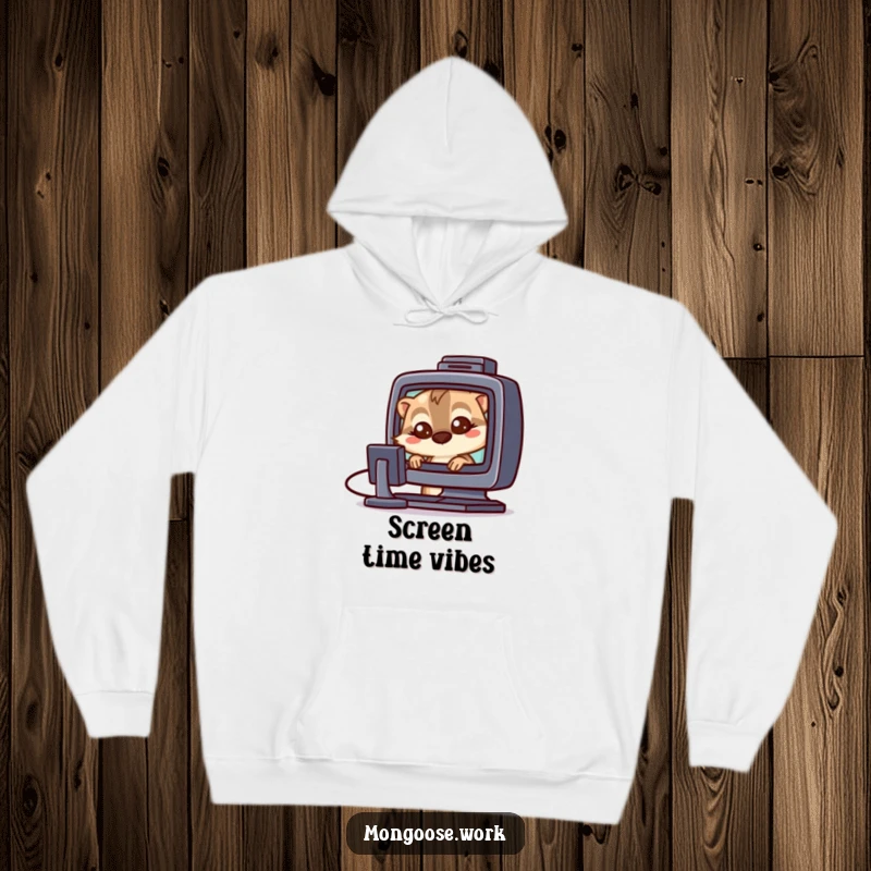 Funny Mongoose tech hoodie illustration of a mongoose with wide eyes glued to a computer screen, perfect for cozy browsing.