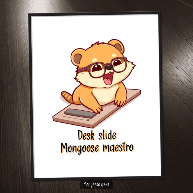 Funny Free Printable Wall Art: Mongoose wearing glasses gleefully sliding down a desk like a quirky race.